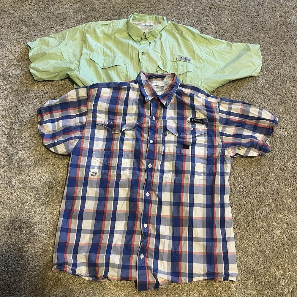 Columbia PFG‎ Lot Of 2 Shirts Mens M Plaid Green Fishing Vented Short Sleeve